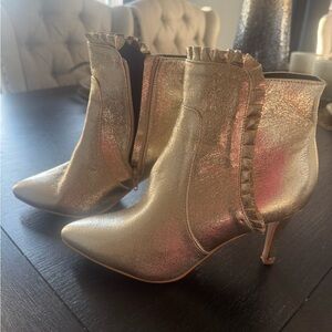 Metallic Gold Ruffle Ankle Boots - Women's Fashion Heels